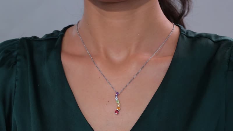Multi Gemstone 2.60 ctw Seven Chakra Pendant in Rhodium Over Sterling Silver Necklace 20 Inches