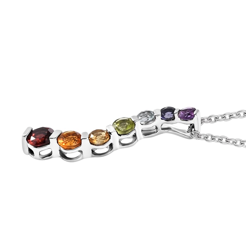 Multi Gemstone 2.60 ctw Seven Chakra Pendant in Rhodium Over Sterling Silver Necklace 20 Inches