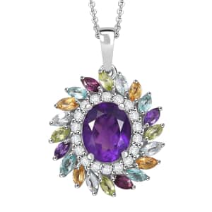 African Amethyst and Multi Gemstone 4.75 ctw Pendant Necklace in Rhodium Over Sterling Silver 20 Inches