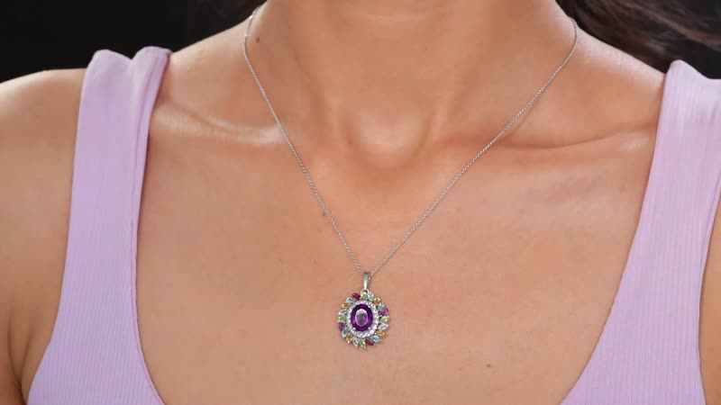 African Amethyst and Multi Gemstone 4.75 ctw Pendant Necklace in Rhodium Over Sterling Silver 20 Inches