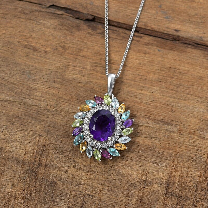 African Amethyst and Multi Gemstone 4.75 ctw Pendant Necklace in Rhodium Over Sterling Silver 20 Inches