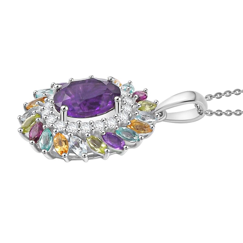 African Amethyst and Multi Gemstone 4.75 ctw Pendant Necklace in Rhodium Over Sterling Silver 20 Inches