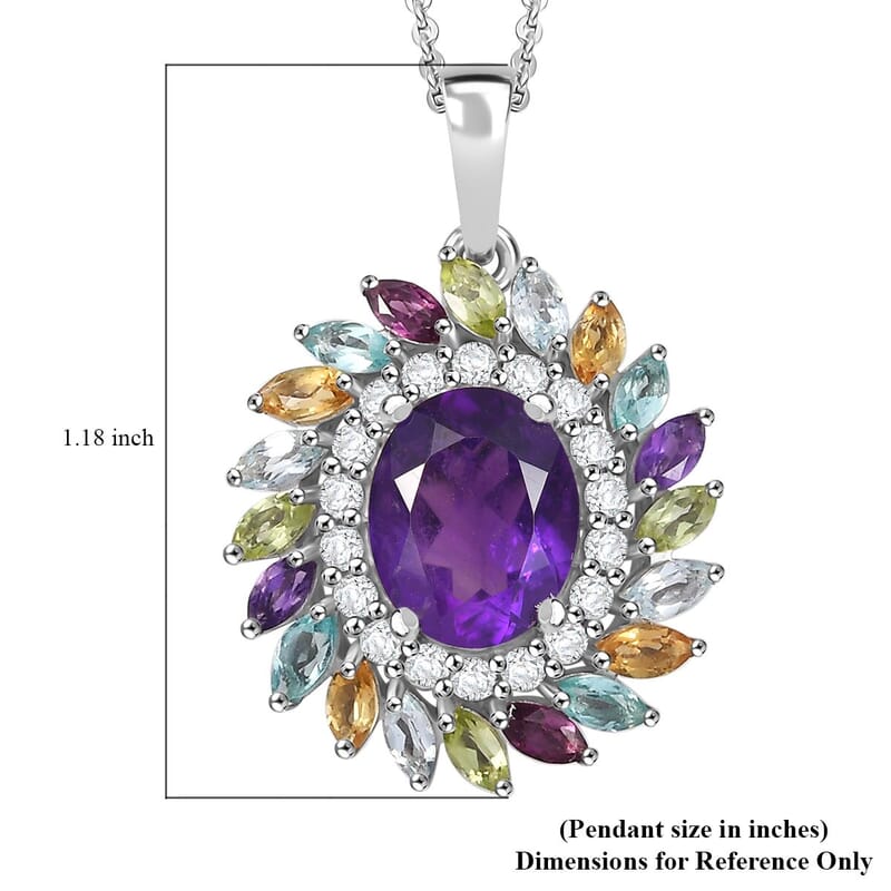 African Amethyst and Multi Gemstone 4.75 ctw Pendant Necklace in Rhodium Over Sterling Silver 20 Inches