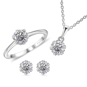 Moissanite 2.35 ctw Snowflake Earrings, Ring (Size 5.0), Pendant in Rhodium Over Sterling Silver with Stainless Steel Necklace 20 Inches