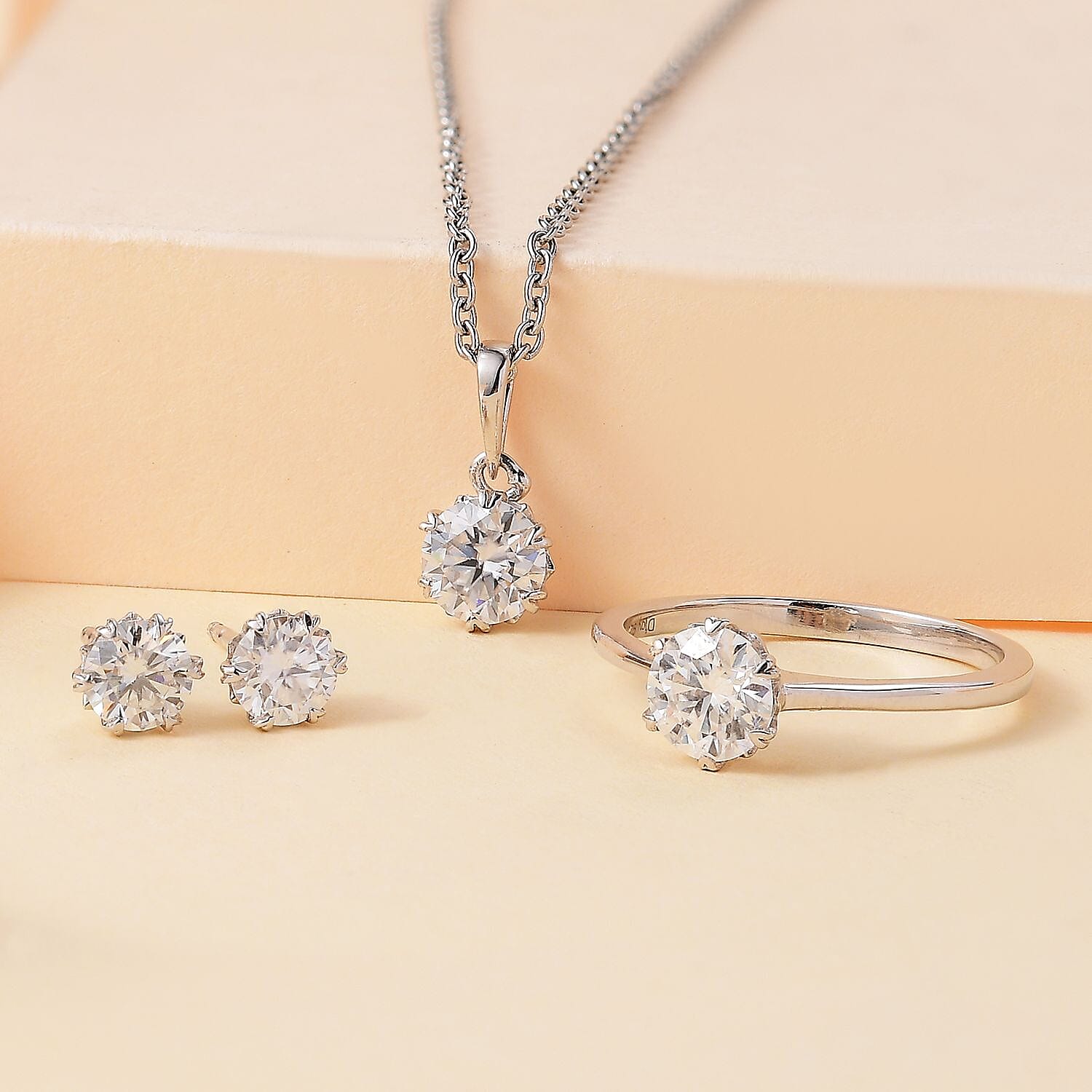 Moissanite 2.35 ctw Snowflake Earrings, Ring (Size 5.0), Pendant in Rhodium Over Sterling Silver with Stainless Steel Necklace 20 Inches