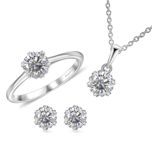Moissanite 2.35 ctw Snowflake Earrings, Ring (Size 6.0), Pendant in Rhodium Over Sterling Silver with Stainless Steel Necklace 20 Inches