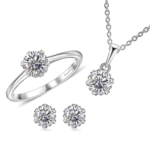 Moissanite 2.35 ctw Snowflake Earrings, Ring (Size 9.0), Pendant in Rhodium Over Sterling Silver with Stainless Steel Necklace 20 Inches