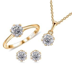 Moissanite 2.35 ctw Snowflake Earrings, Ring (Size 8.0), Pendant in 18K Vermeil YG Over Sterling Silver with ION Plated YG Stainless Steel Necklace 20 Inches