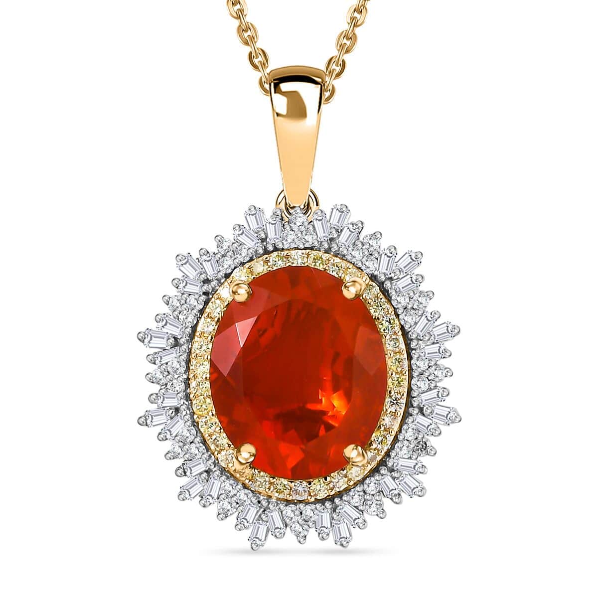 Luxoro Premium Crimson Fire Opal, Natural Yellow and White Diamond 3.70 ctw Sunrise Pendant Necklace in 14K Yellow Gold 18 Inches image number 0