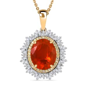 Luxoro Premium Crimson Fire Opal, Natural Yellow and White Diamond 3.70 ctw Sunrise Pendant Necklace in 14K Yellow Gold 18 Inches