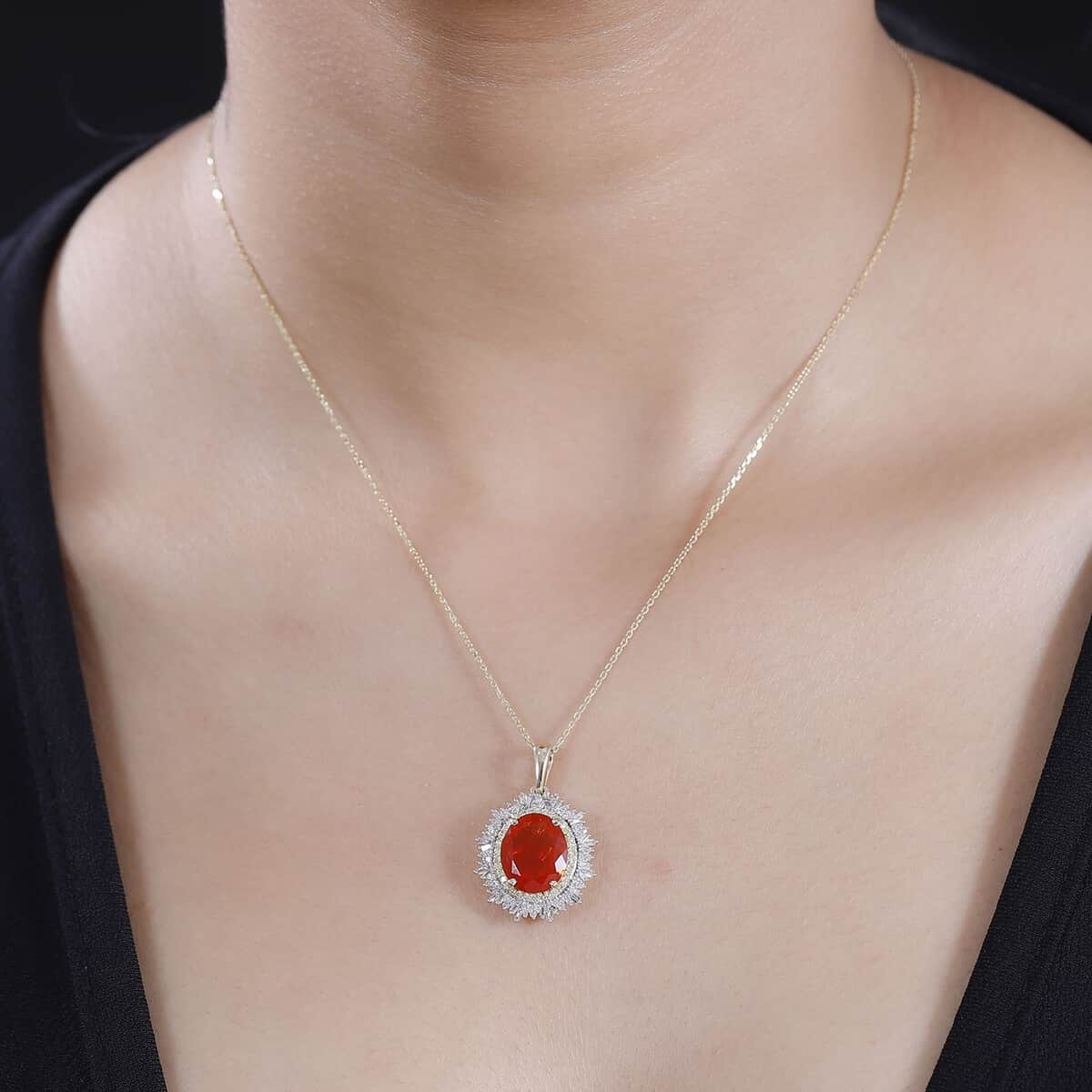 Luxoro Premium Crimson Fire Opal, Natural Yellow and White Diamond 3.70 ctw Sunrise Pendant Necklace in 14K Yellow Gold 18 Inches image number 2