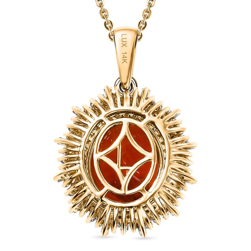Luxoro Premium Crimson Fire Opal, Natural Yellow and White Diamond 3.70 ctw Sunrise Pendant Necklace in 14K Yellow Gold 18 Inches