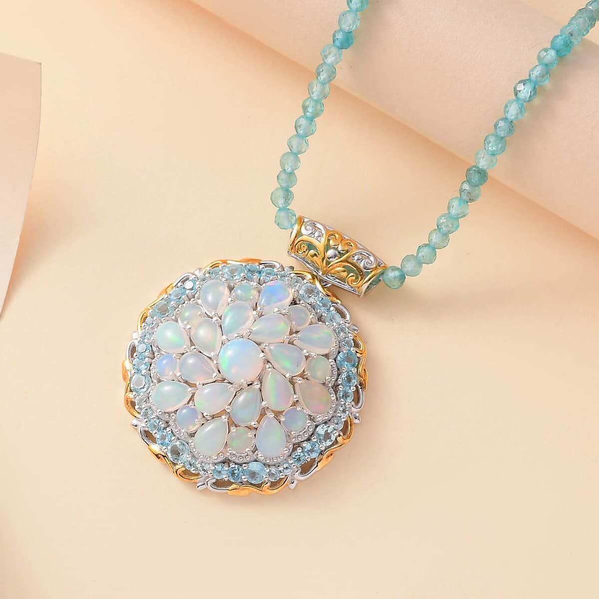 Premium Ethiopian Welo Opal and Multi Gemstone 79.50 ctw Celestial Garden Pendant with Beaded Necklace in 18K Vermeil YG and Rhodium Over Sterling Silver 20 Inches image number 1