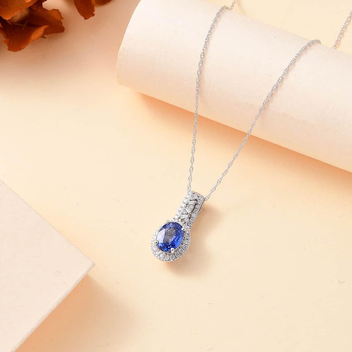 Luxoro Premium Ceylon Blue Sapphire and G-H I2 Diamond 1.90 ctw Modern Minimalist Pendant Necklace in 10K White Gold 18 Inches image number 1