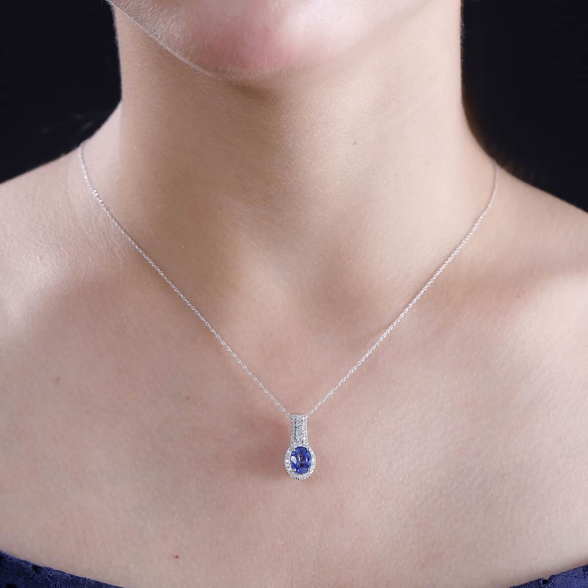 Luxoro Premium Ceylon Blue Sapphire and G-H I2 Diamond 1.90 ctw Modern Minimalist Pendant Necklace in 10K White Gold 18 Inches image number 2