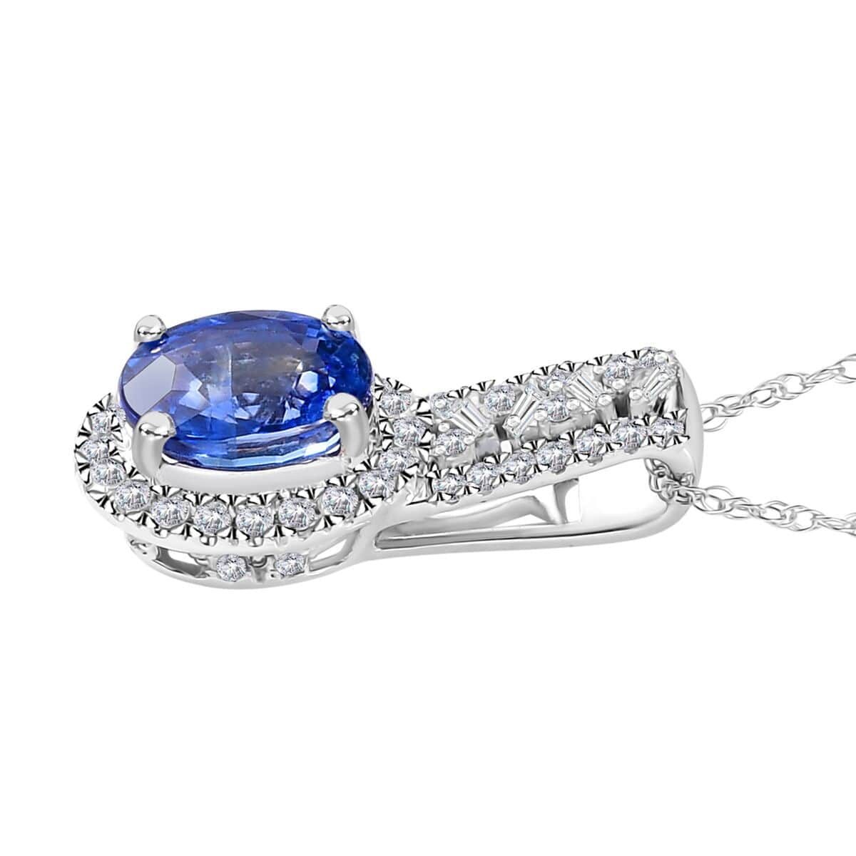 Luxoro Premium Ceylon Blue Sapphire and G-H I2 Diamond 1.90 ctw Modern Minimalist Pendant Necklace in 10K White Gold 18 Inches image number 3