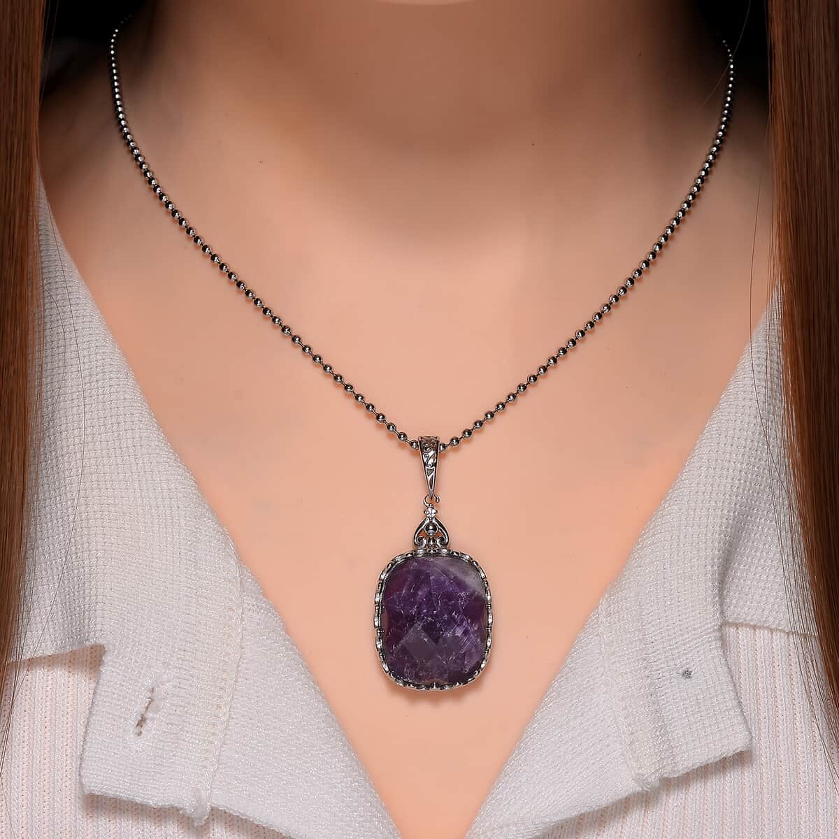 African Amethyst Pendant Necklace (20-22) in Stainless Steel 15.00 ctw image number 1