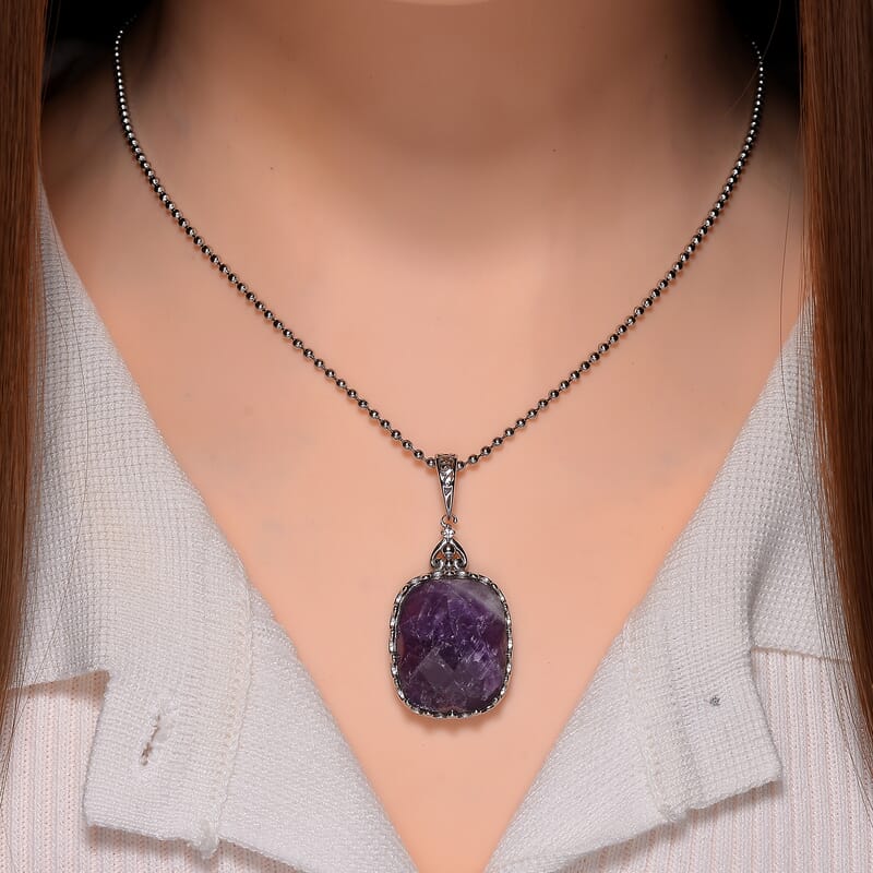 African Amethyst and Austrian Crystal 15.00 ctw Pendant Necklace 20-22 in Stainless Steel