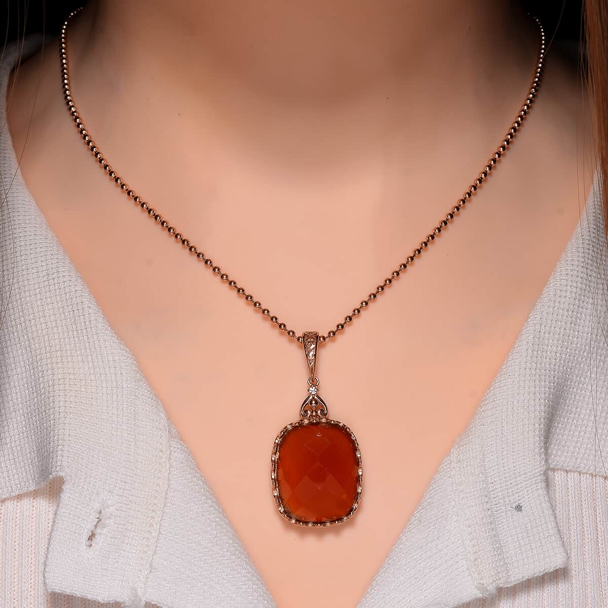 Red Agate and Austrian Crystal 15.00 ctw Pendant Necklace 20-22 Inches in ION Plated RG Stainless Steel image number 1