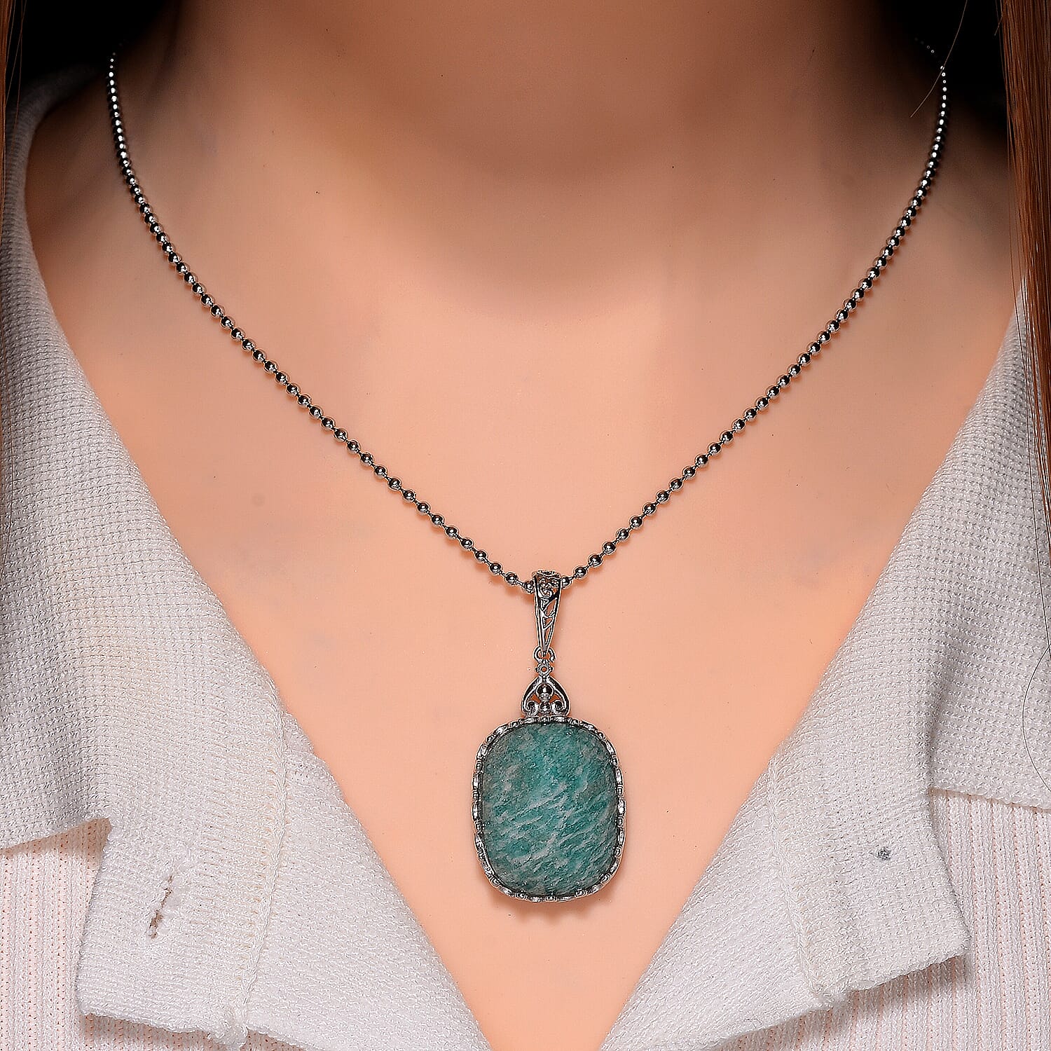 Amazonite and Austrian Crystal 15.00 ctw Pendant Necklace 20-22 in Stainless Steel