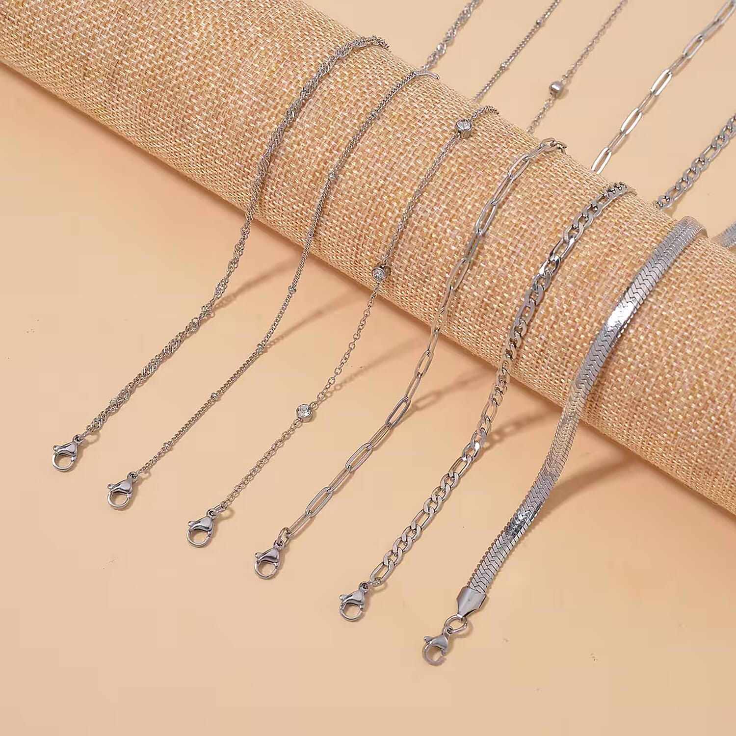Set of 6 Paper Clip, Figaro, Snake, Beaded, Rope and Crystal Chain Necklace in Stainless Steel (16, 18, 20, 22, 24, 26 Inches)
