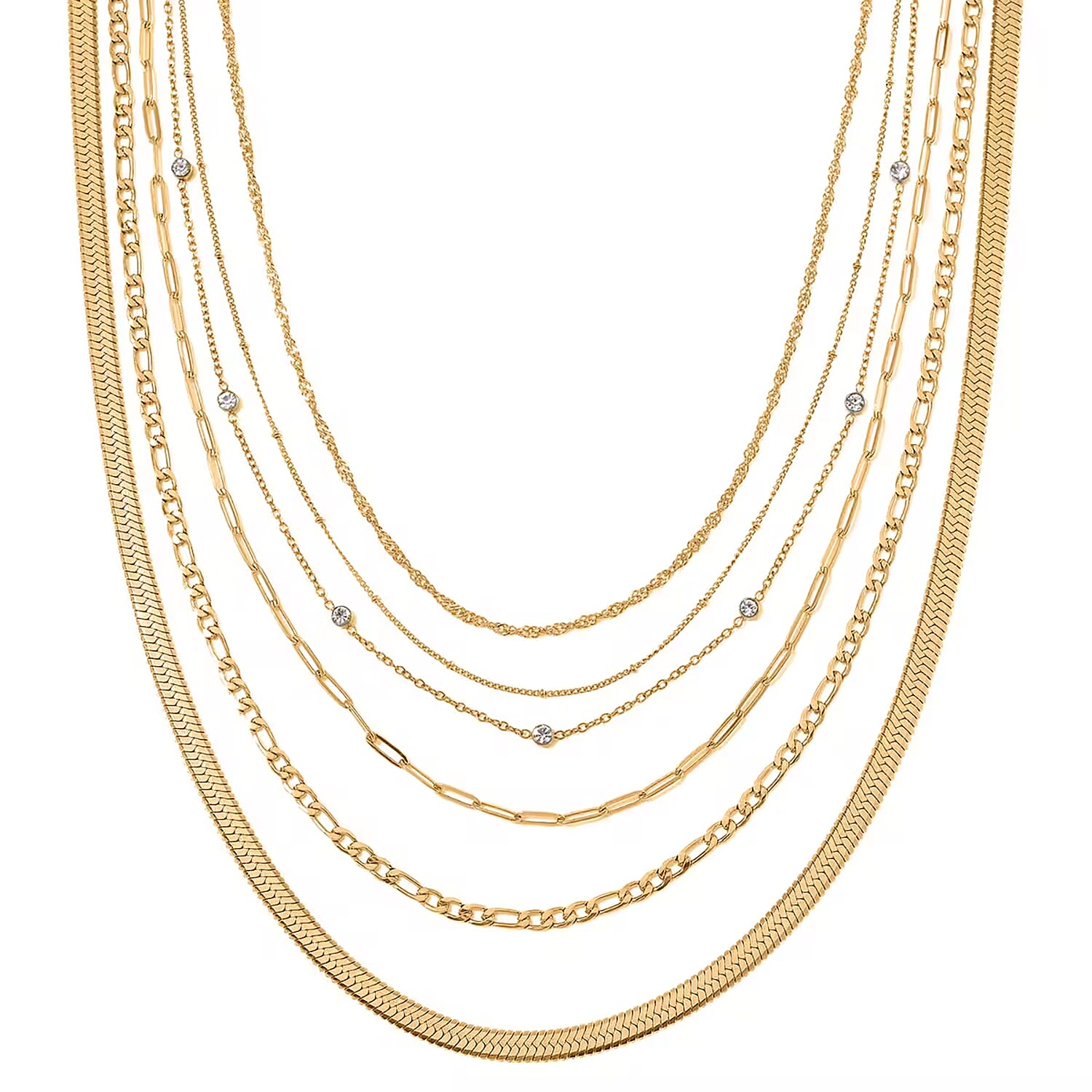 Set of 6 Paper Clip, Figaro, Snake, Beaded, Rope and Crystal Chain Necklace (16, 18, 20, 22, 24, 26 Inches) in Stainless Steel