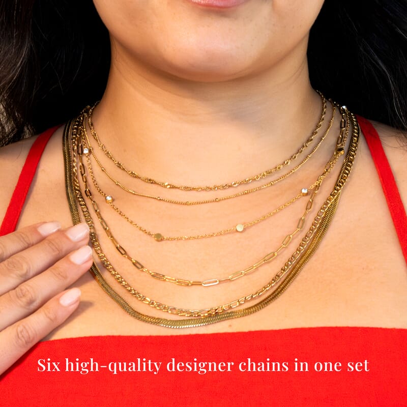 Set of 6 Paper Clip, Figaro, Snake, Beaded, Rope and Crystal Chain Necklace in ION Plated YG Stainless Steel (16, 18, 20, 22, 24, 26 Inches)