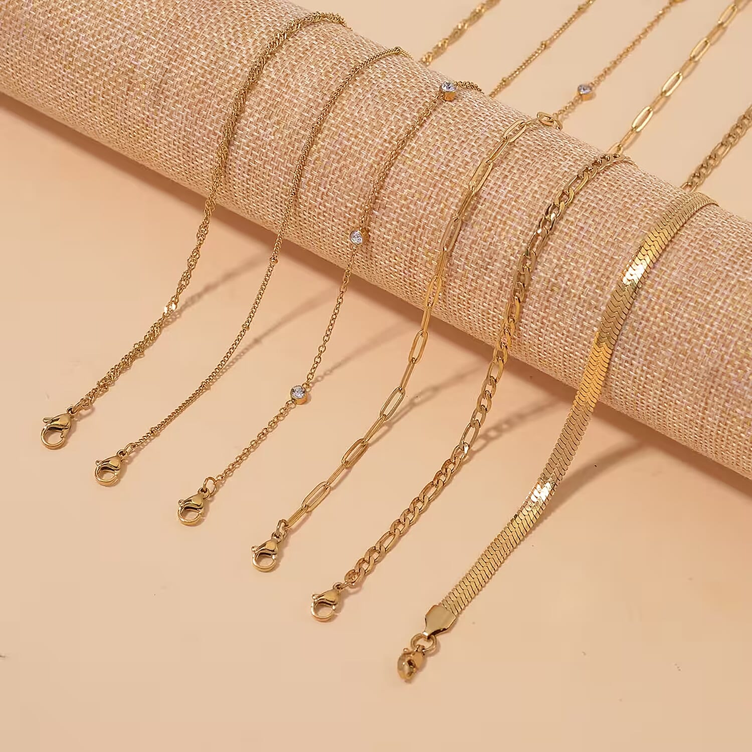 Set of 6 Paper Clip, Figaro, Snake, Beaded, Rope and Crystal Chain Necklace in ION Plated YG Stainless Steel (16, 18, 20, 22, 24, 26 Inches)