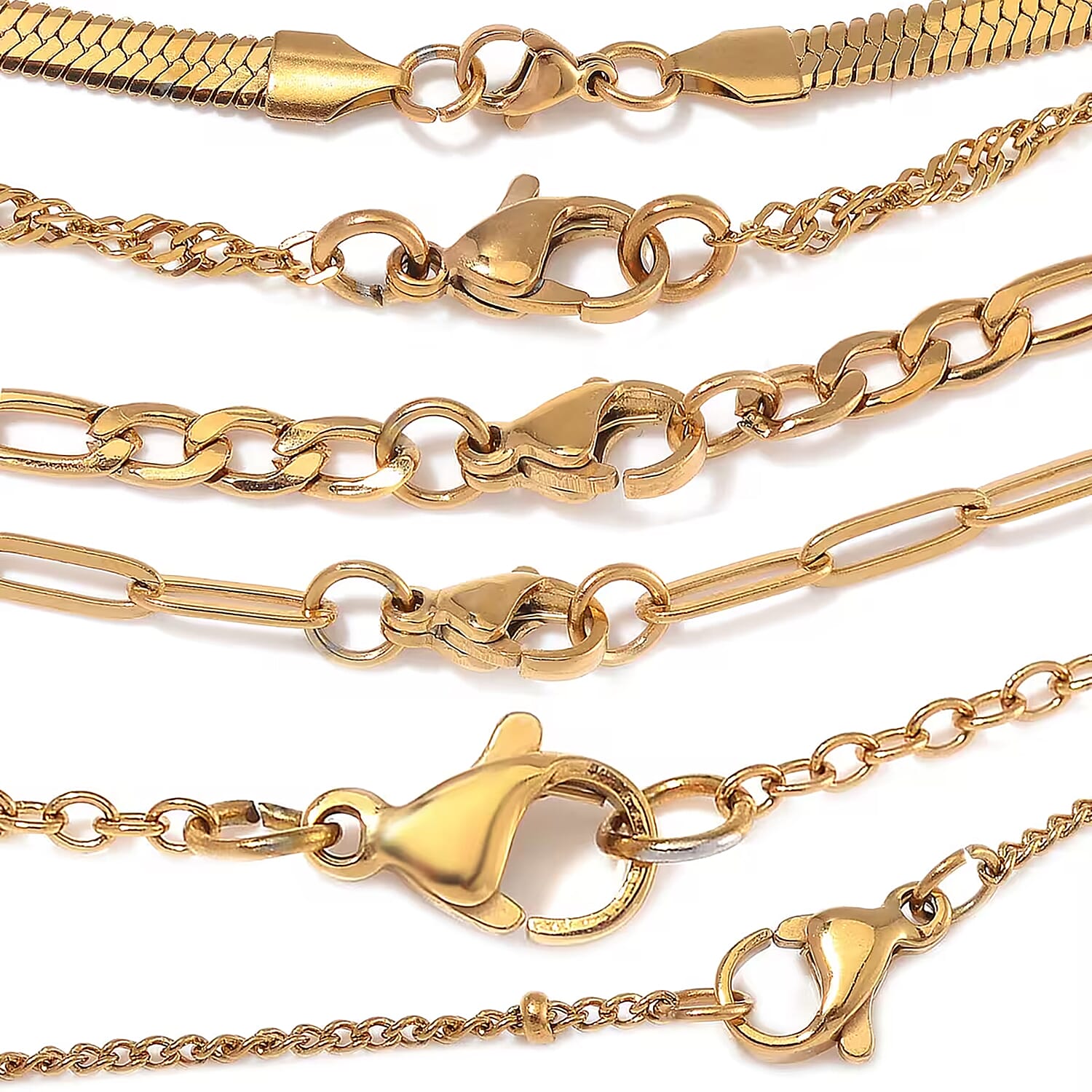 Set of 6 Paper Clip, Figaro, Snake, Beaded, Rope and Crystal Chain Necklace in ION Plated YG Stainless Steel (16, 18, 20, 22, 24, 26 Inches)