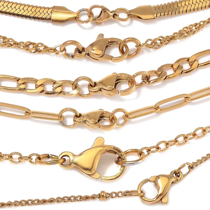 Set of 6 Paper Clip, Figaro, Snake, Beaded, Rope and Crystal Chain Necklace in ION Plated YG Stainless Steel (16, 18, 20, 22, 24, 26 Inches)