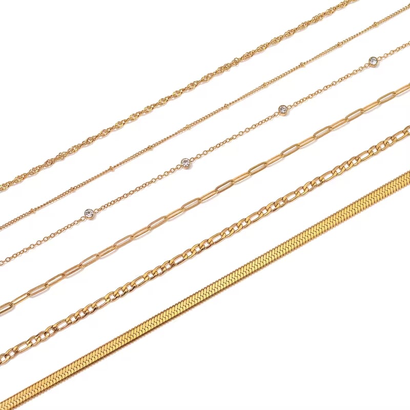 Set of 6 Paper Clip, Figaro, Snake, Beaded, Rope and Crystal Chain Necklace in ION Plated YG Stainless Steel (16, 18, 20, 22, 24, 26 Inches)