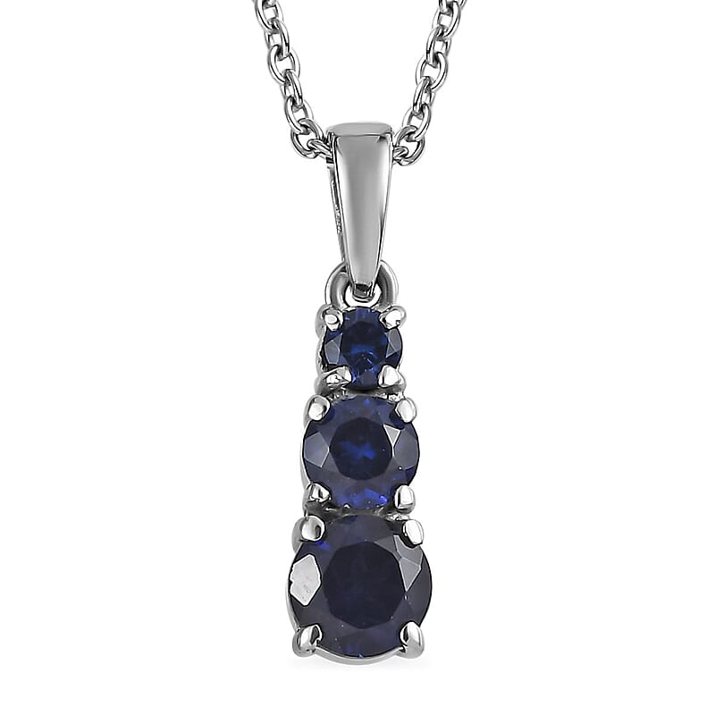 Lab Created Blue Sapphire 1.00 ctw Pendant Necklace 20 Inches in Stainless Steel