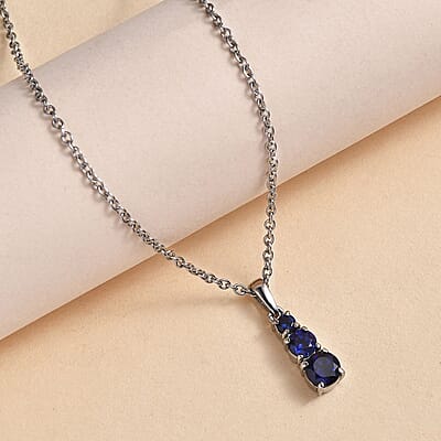 Lab Created Blue Sapphire 1.00 ctw Pendant Necklace 20 Inches in Stainless Steel