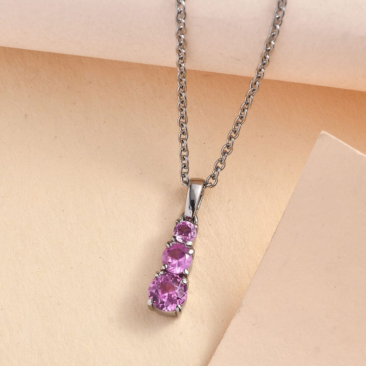 Lab Created Pink Sapphire 1.00 ctw Pendant Necklace 20 Inches in Stainless Steel image number 1