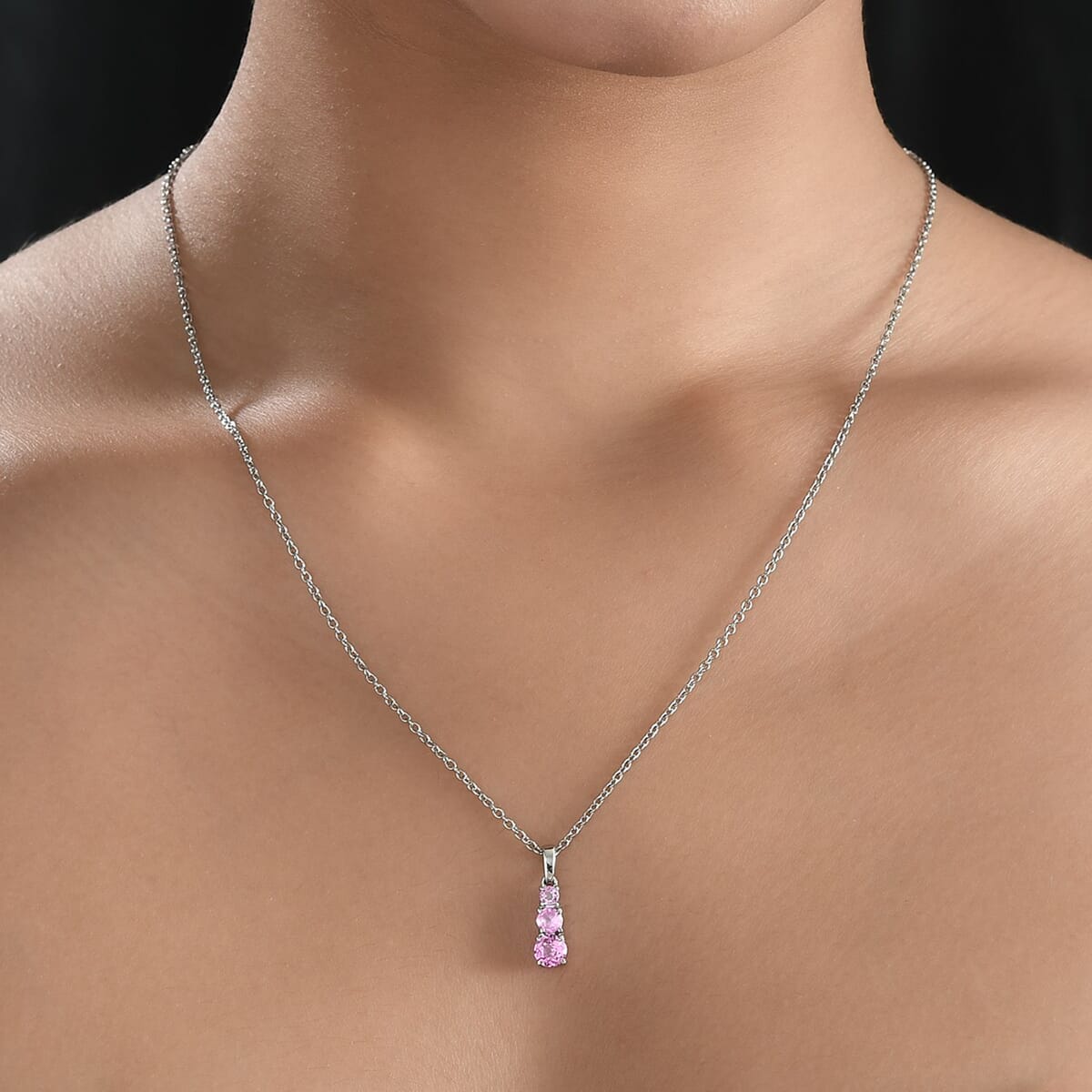 Lab Created Pink Sapphire 1.00 ctw Pendant Necklace 20 Inches in Stainless Steel image number 2