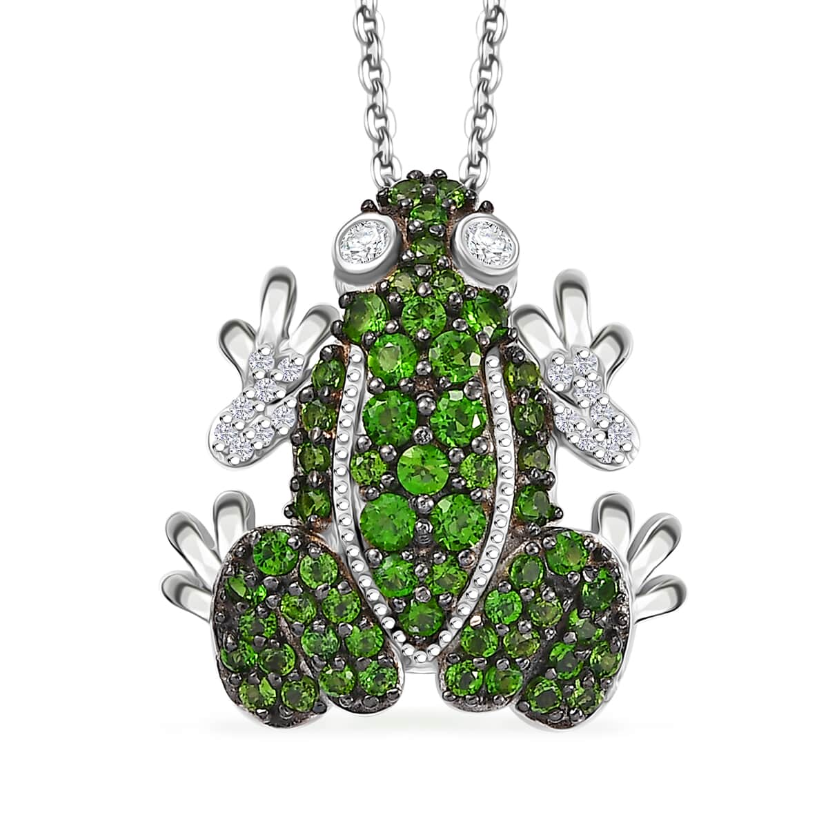 GP Trionfo Collection Chrome Diopside and White Zircon 1.75 ctw Frog Pendant Necklace in Rhodium Over Sterling Silver 20 Inches image number 0