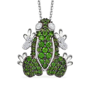 GP Trionfo Collection Chrome Diopside and White Zircon 1.75 ctw Frog Pendant Necklace in Rhodium Over Sterling Silver 20 Inches