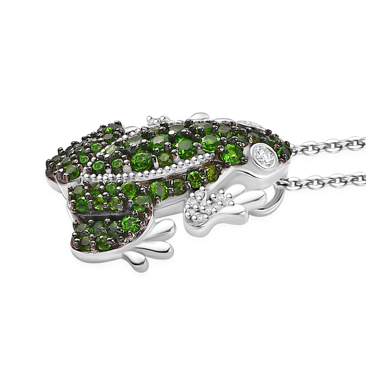 GP Trionfo Collection Chrome Diopside and White Zircon 1.75 ctw Frog Pendant Necklace in Rhodium Over Sterling Silver 20 Inches image number 3