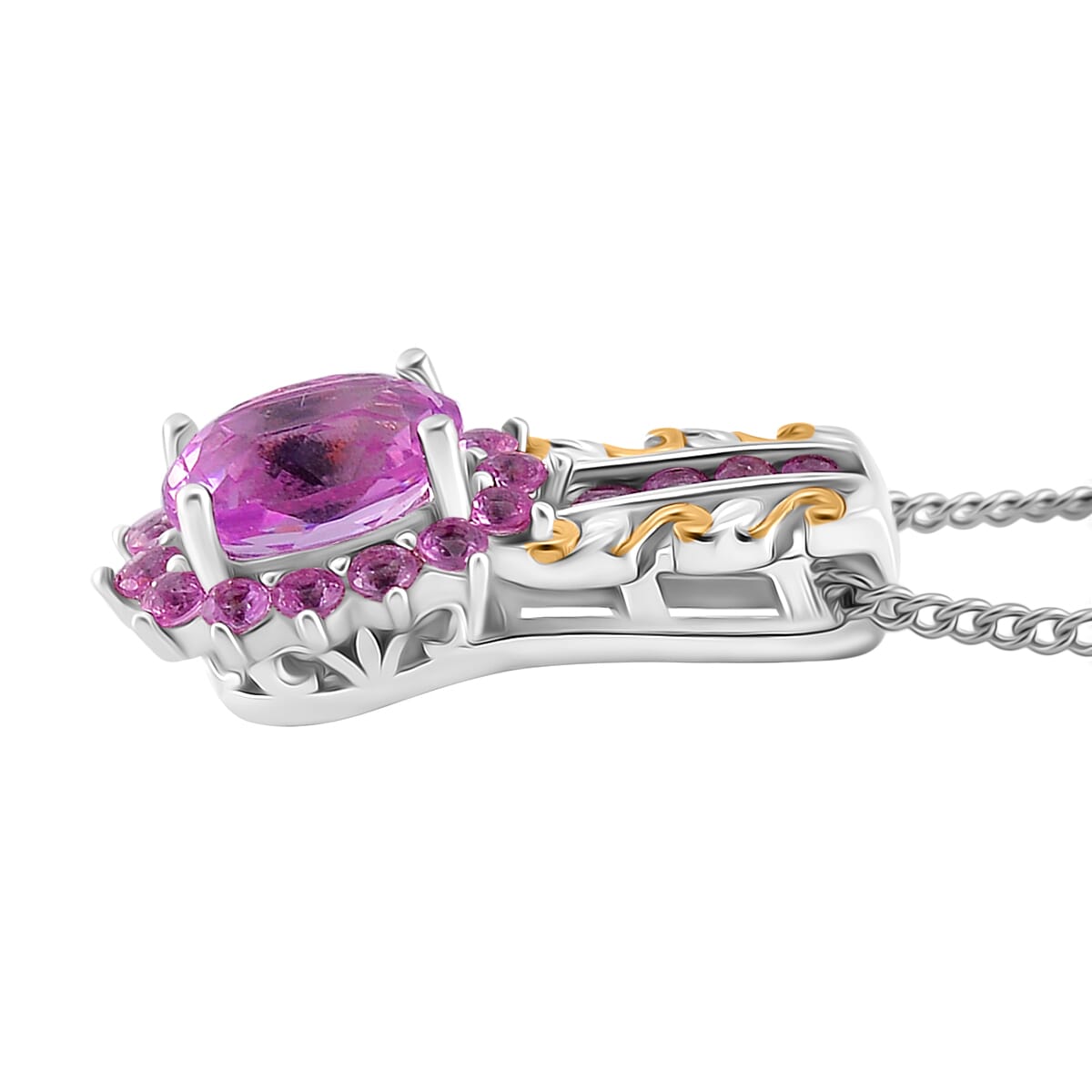 Martha Rocha Kunzite and Madagascar Pink Sapphire 1.40 ctw Pendant Necklace in 18K Vermeil YG and Rhodium Over Sterling Silver 20 Inches image number 2