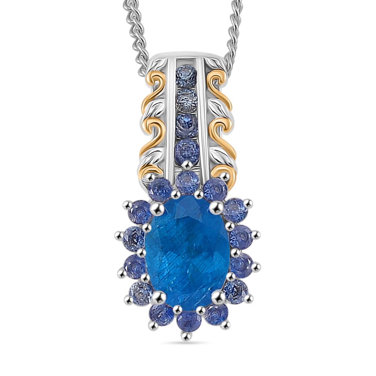 Malgache Neon Apatite and Madagascar Blue Sapphire 1.15 ctw Royal Bloom Pendant Necklace in 18K Vermeil YG and Rhodium Over Sterling Silver 20 Inches image number 0