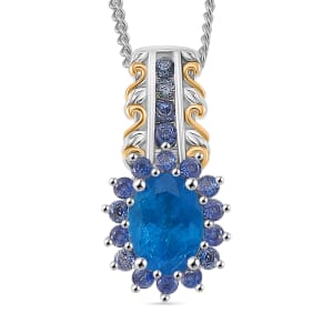 Malgache Neon Apatite and Madagascar Blue Sapphire 1.15 ctw Royal Bloom Pendant Necklace in 18K Vermeil YG and Rhodium Over Sterling Silver 20 Inches