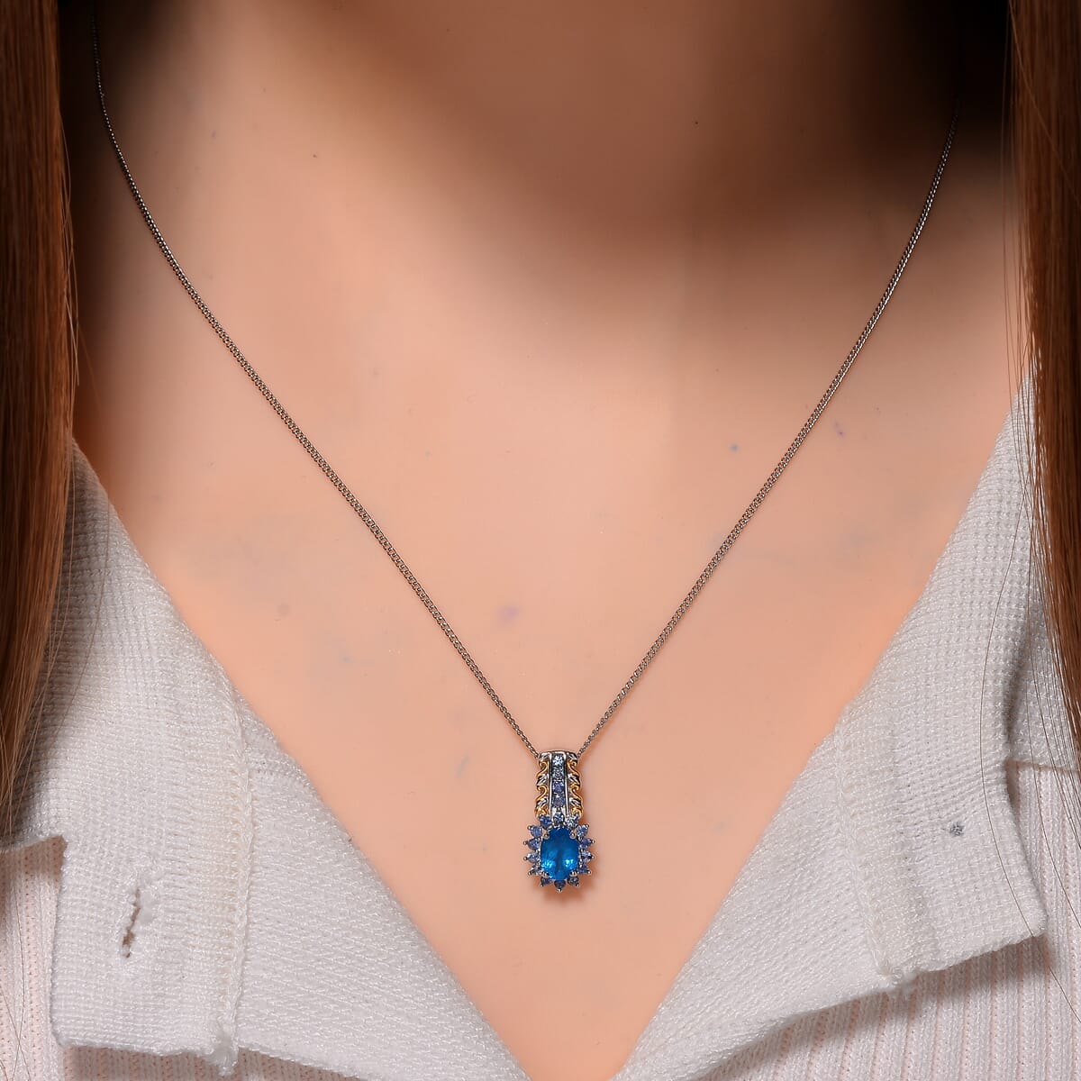 Malgache Neon Apatite and Madagascar Blue Sapphire 1.15 ctw Royal Bloom Pendant Necklace in 18K Vermeil YG and Rhodium Over Sterling Silver 20 Inches image number 1
