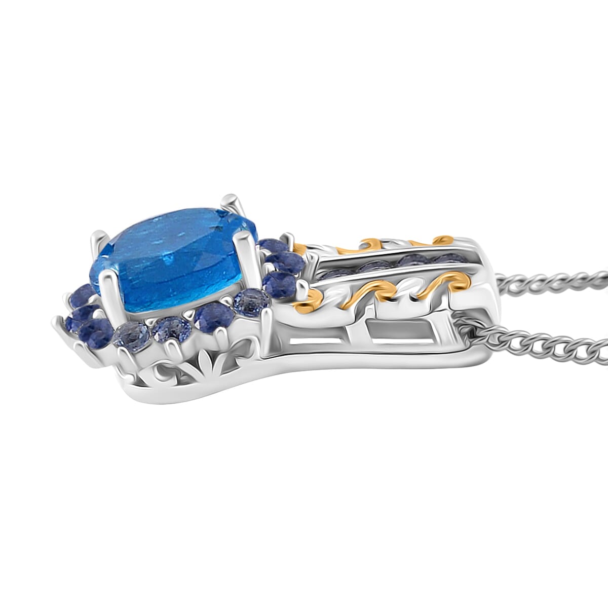 Malgache Neon Apatite and Madagascar Blue Sapphire 1.15 ctw Royal Bloom Pendant Necklace in 18K Vermeil YG and Rhodium Over Sterling Silver 20 Inches image number 2