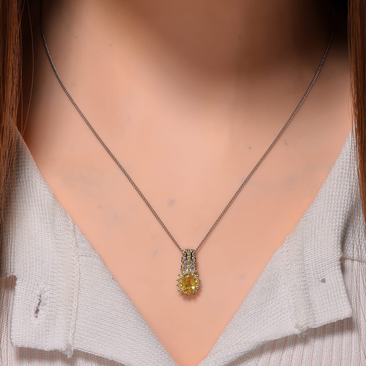 Madagascar Yellow Sapphire 1.50 ctw Royal Bloom Pendant Necklace in 18K Vermeil YG and Rhodium Over Sterling Silver 20 Inches image number 1