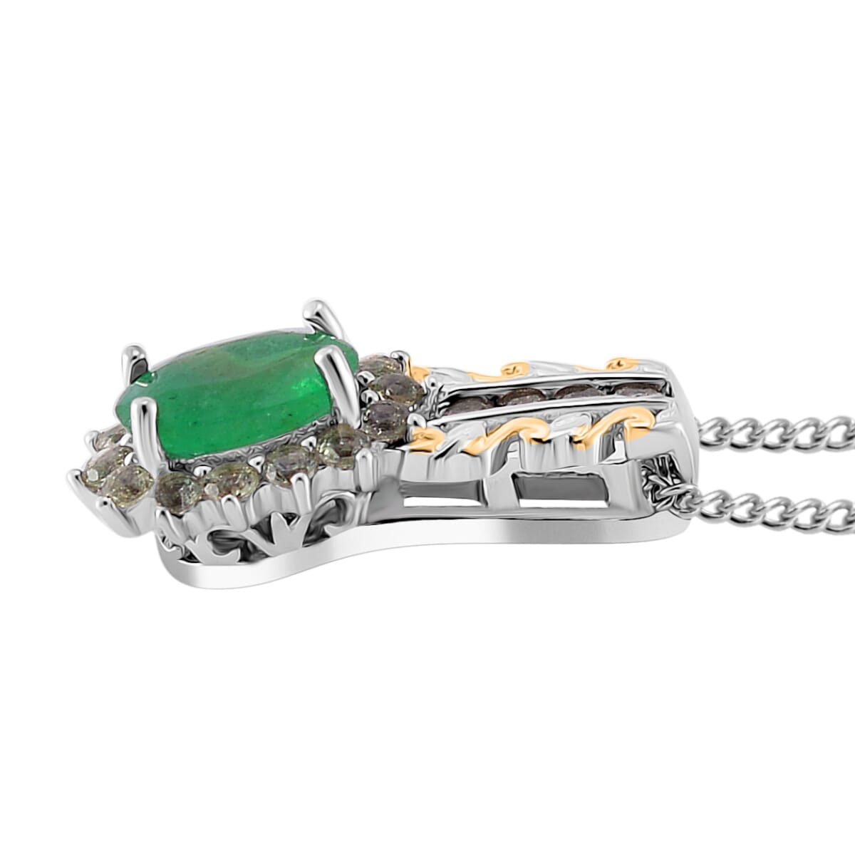 Kagem Zambian Emerald and Madagascar Green Sapphire 1.10 ctw Royal Bloom Pendant Necklace in 18K Vermeil YG and Rhodium Over Sterling Silver 20 Inches image number 2