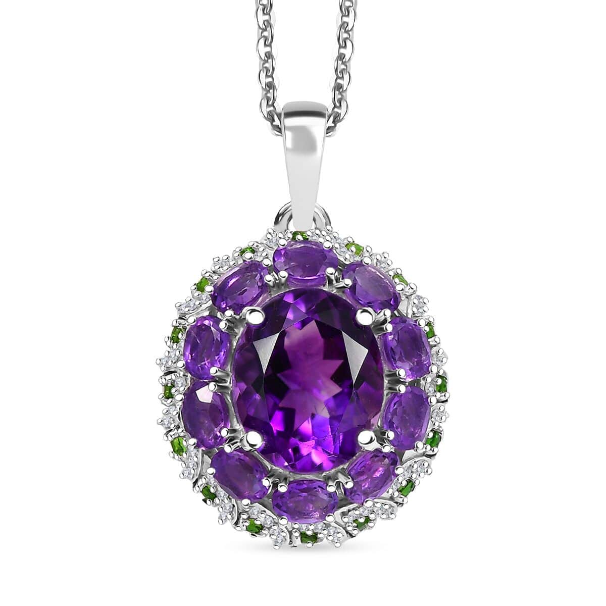 Moroccan Amethyst and Multi Gemstone 5.65 ctw Floral Pendant Necklace in Rhodium Over Sterling Silver 20 Inches image number 0