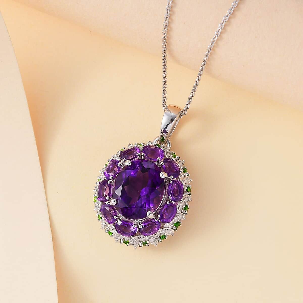 Moroccan Amethyst and Multi Gemstone 5.65 ctw Floral Pendant Necklace in Rhodium Over Sterling Silver 20 Inches image number 1