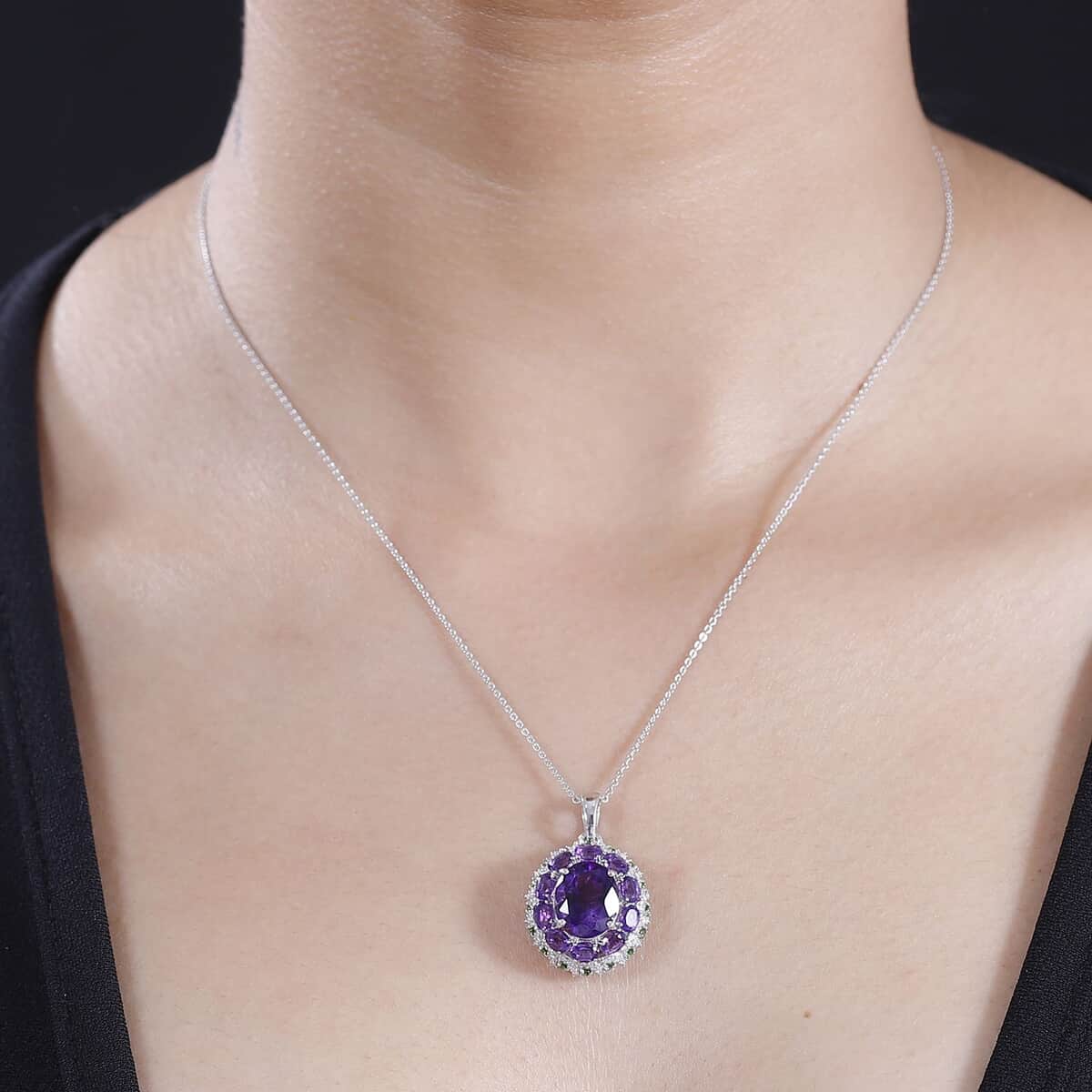 Moroccan Amethyst and Multi Gemstone 5.65 ctw Floral Pendant Necklace in Rhodium Over Sterling Silver 20 Inches image number 2