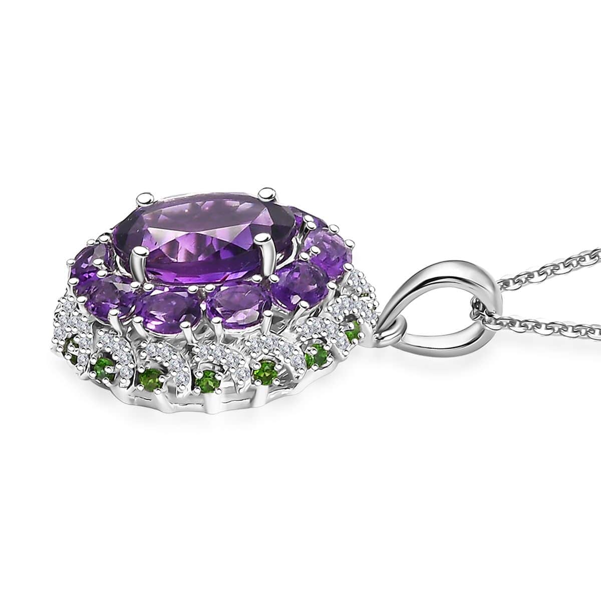 Moroccan Amethyst and Multi Gemstone 5.65 ctw Floral Pendant Necklace in Rhodium Over Sterling Silver 20 Inches image number 3