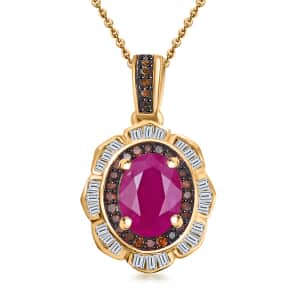 AAA Royal Ruby, Red and White Diamond 2.00 ctw Nelumbo Nucifera Flower Pendant Necklace in 18K Vermeil Yellow Gold Over Sterling Silver 20 Inches